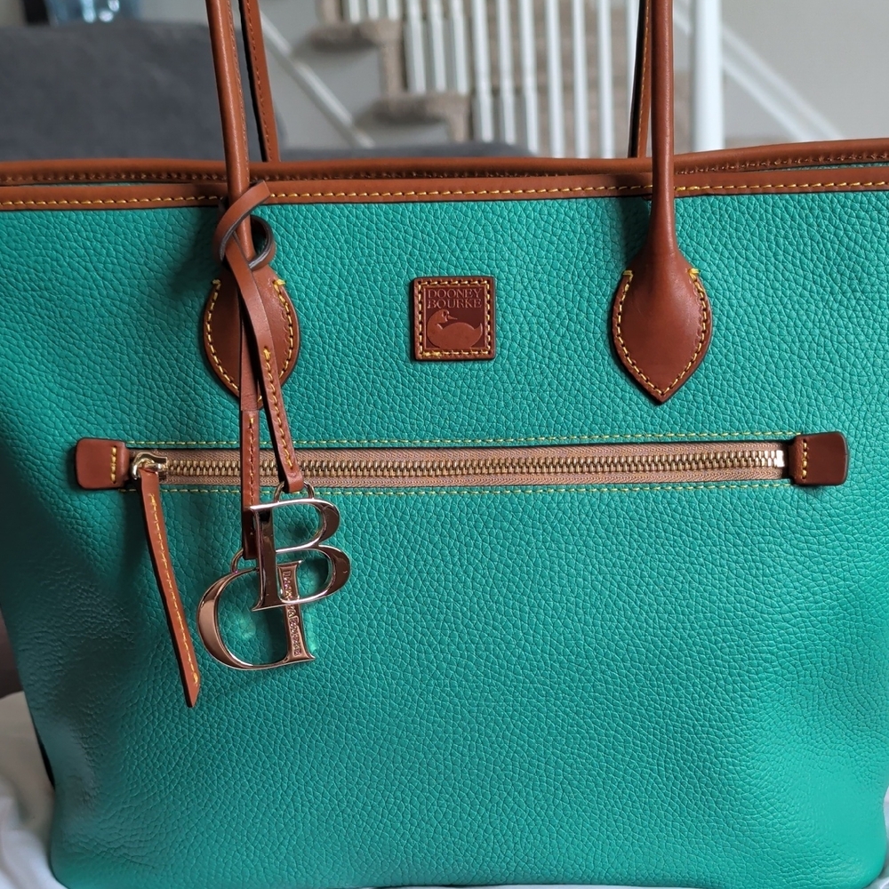 Dooney & Bourke Turquoise Leather Tote with Brown Trim & Gold Hardware